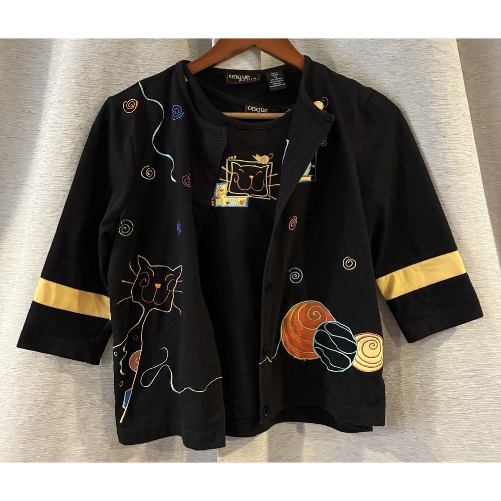 Onque Casuals black Y2K colorful embroidered cat mouse Yarn cardigan & Tank PS